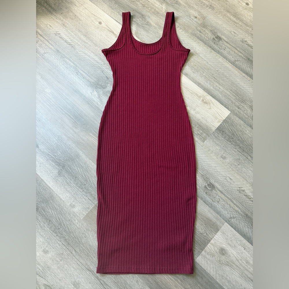 Ribbed Midi Tank Dress Flattering Bodycon Wine Merlot Stretch Small - Picture 8 of 11